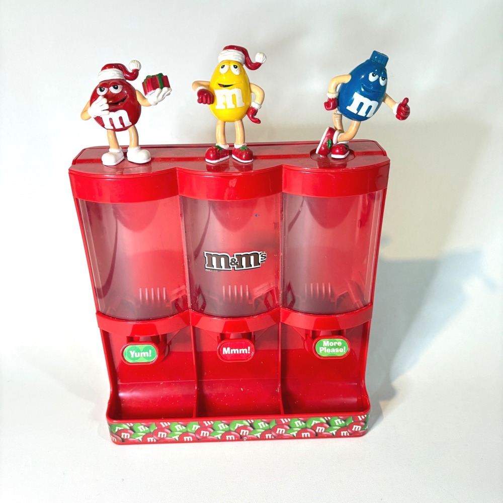 M&Ms Christmas Triple Candy Dispenser Red Yellow Blue Santa Hat Holiday Vintage